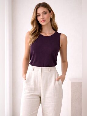 St. John Purple Knit Tank Top Size M Sleeveless Minimalist Quiet Luxury USA Made